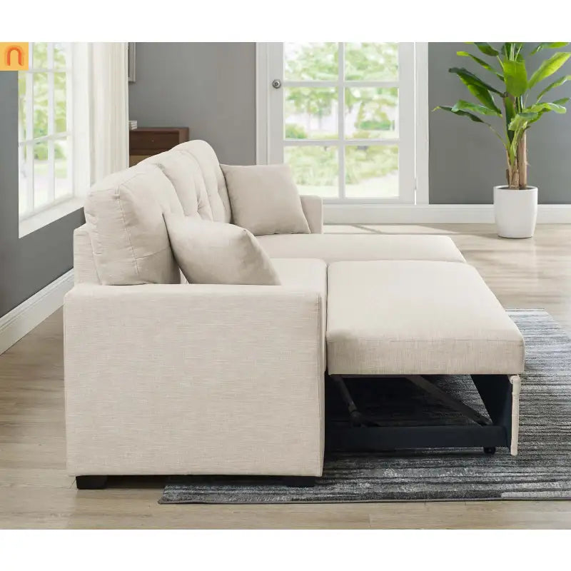 Sectional Sofa L-Shape Linen Almond 3-Seat Pullout Bed Storage