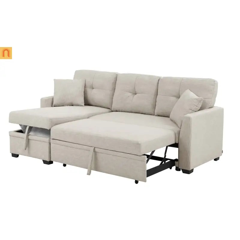 Sectional Sofa L-Shape Linen Almond 3-Seat Pullout Bed Storage