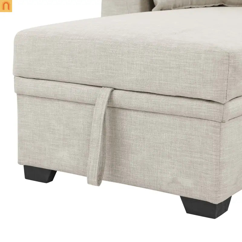 Sectional Sofa L-Shape Linen Almond 3-Seat Pullout Bed Storage