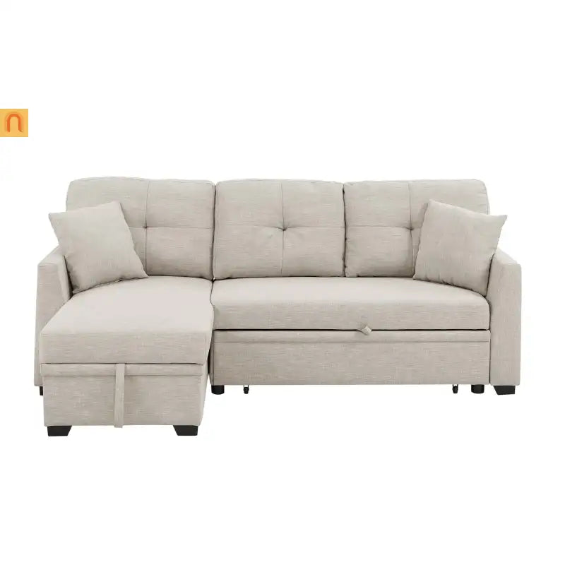 Sectional Sofa L-Shape Linen Almond 3-Seat Pullout Bed Storage