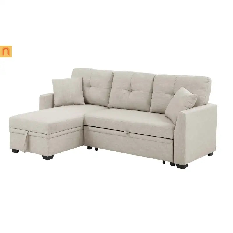 Sectional Sofa L-Shape Linen Almond 3-Seat Pullout Bed Storage