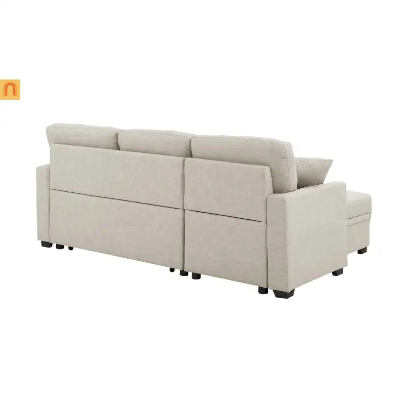 Sectional Sofa L-Shape Linen Almond 3-Seat Pullout Bed Storage