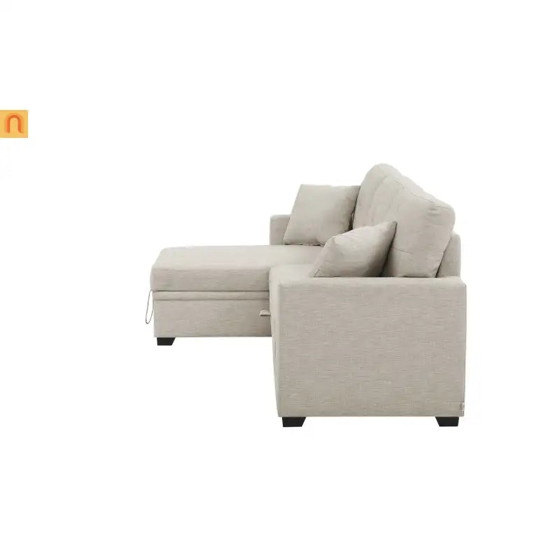 Sectional Sofa L-Shape Linen Almond 3-Seat Pullout Bed Storage