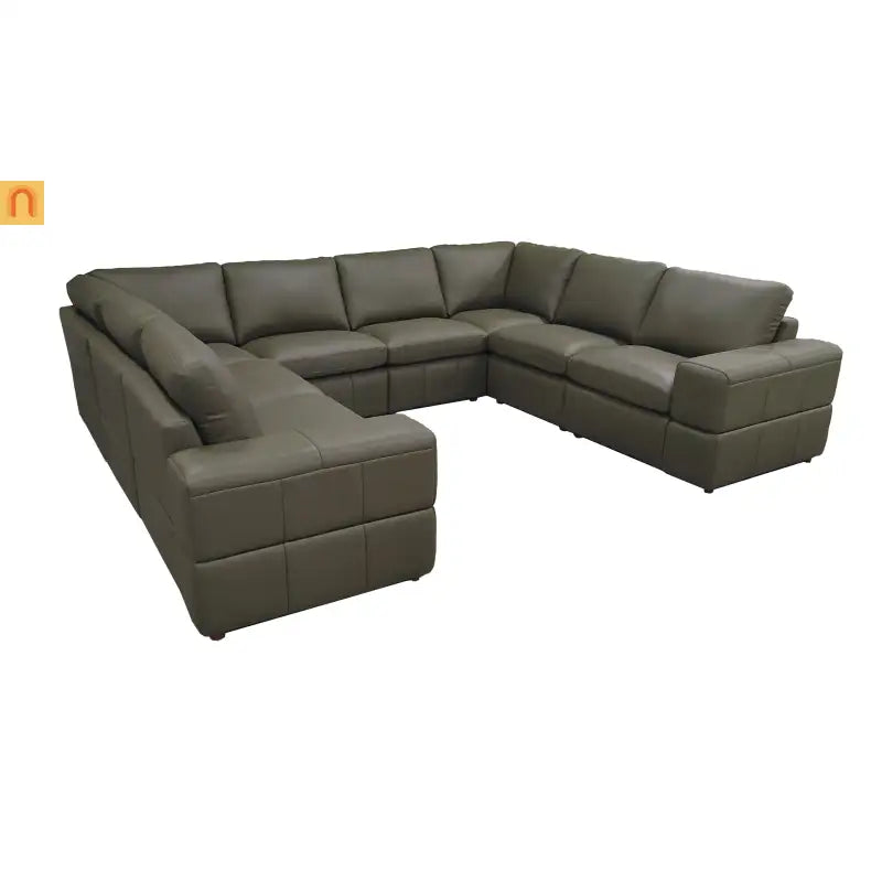 Sectional L-Shape Leather Match Olive Green Square Arm 8-Seat 131in