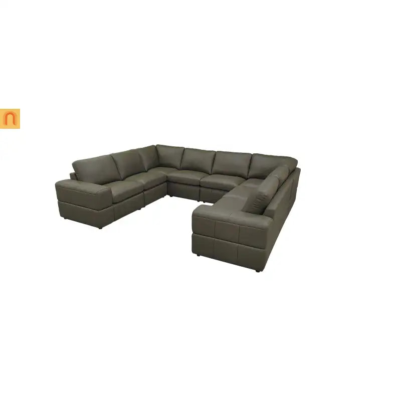 Sectional L-Shape Leather Match Olive Green Square Arm 8-Seat 131in