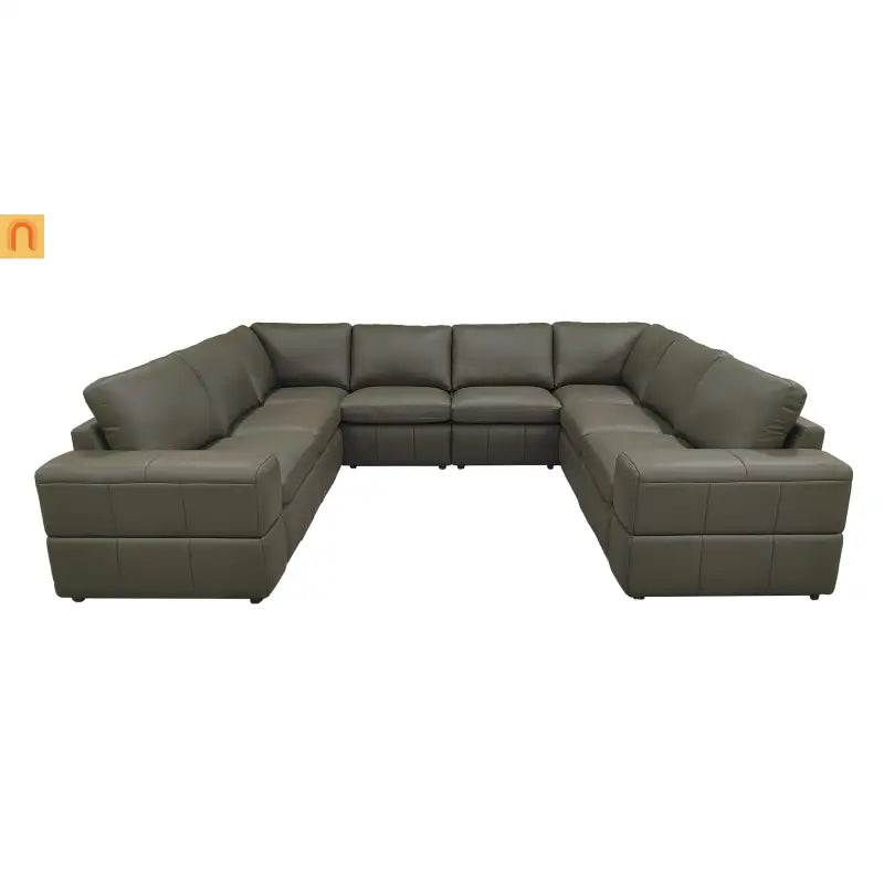 Sectional L-Shape Leather Match Olive Green Square Arm 8-Seat 131in