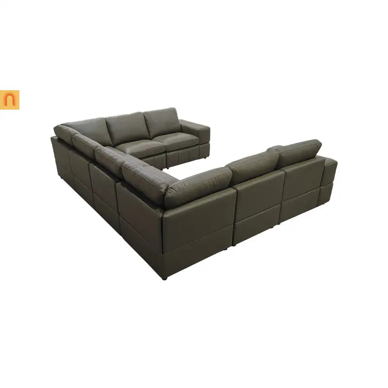 Sectional L-Shape Leather Match Olive Green Square Arm 8-Seat 131in
