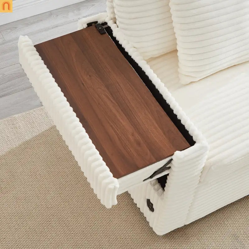 Sectional L-Shape Corduroy White Storage Ottomans USB Tabletop 69in