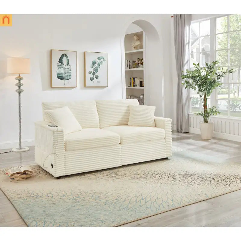 Sectional L-Shape Corduroy White Storage Ottomans USB Tabletop 69in