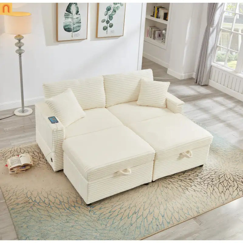 Sectional L-Shape Corduroy White Storage Ottomans USB Tabletop 69in