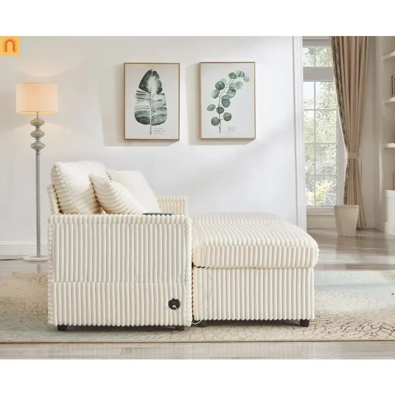 Sectional L-Shape Corduroy White Storage Ottomans USB Tabletop 69in