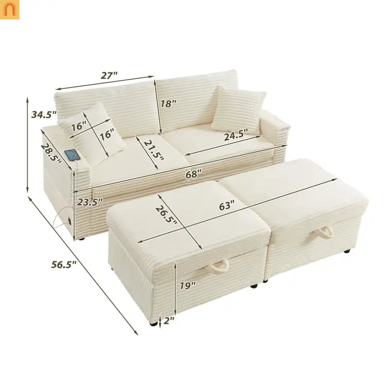 Sectional L-Shape Corduroy White Storage Ottomans USB Tabletop 69in