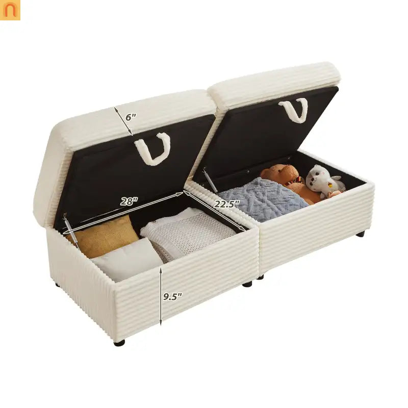 Sectional L-Shape Corduroy White Storage Ottomans USB Tabletop 69in