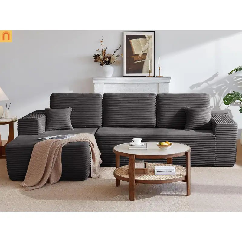 Sectional Sofa L-Shape Left Facing Fabric Gray 3-Seat 104in