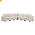 Sectional Sofa Modular Corduroy Beige 7-Seat Storage USB 112in