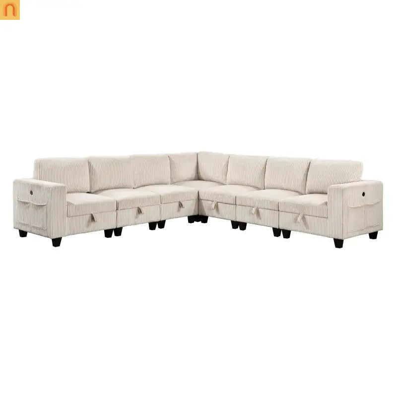 Sectional Sofa Modular Corduroy Beige 7-Seat Storage USB 112in