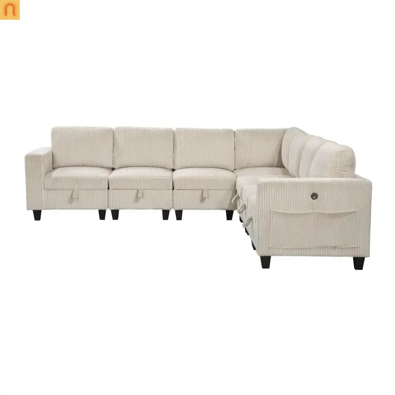 Sectional Sofa Modular Corduroy Beige 7-Seat Storage USB 112in