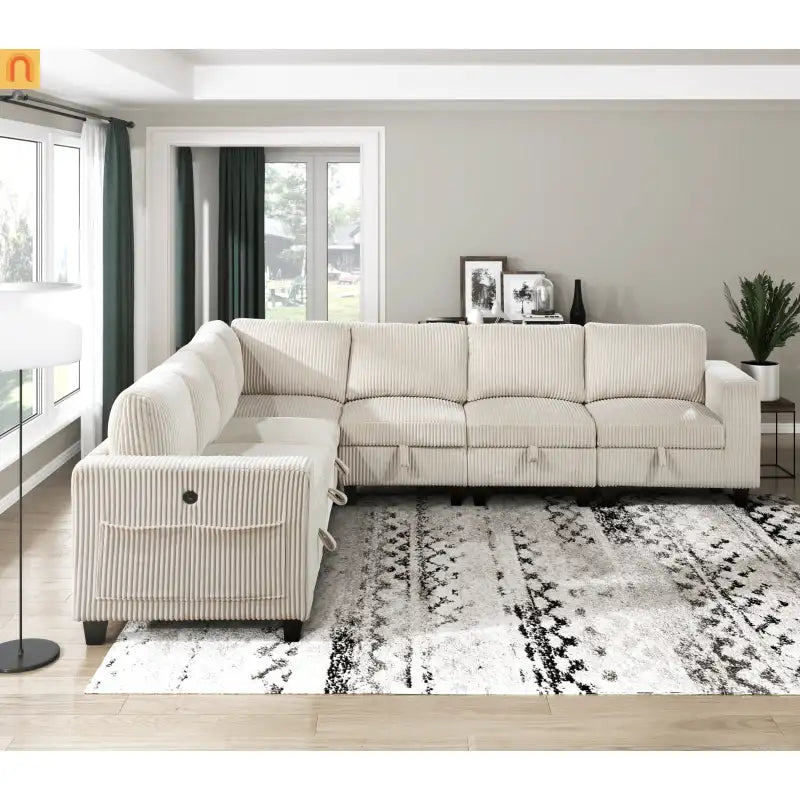 Sectional Sofa Modular Corduroy Beige 7-Seat Storage USB 112in