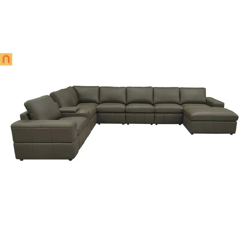 Sectional Modular Leather Match Olive Green Square Arm 8-Seat 159in