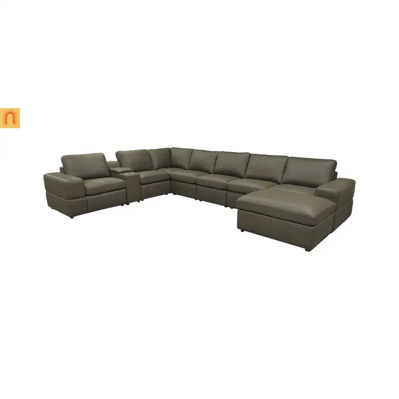 Sectional Modular Leather Match Olive Green Square Arm 8-Seat 159in