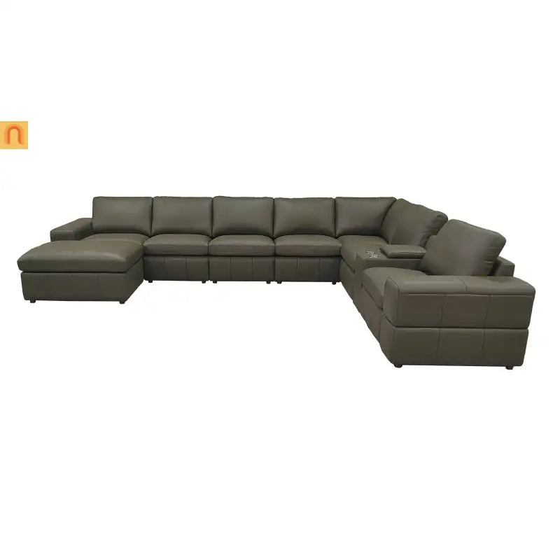 Sectional Modular Leather Match Olive Green Square Arm 8-Seat 159in