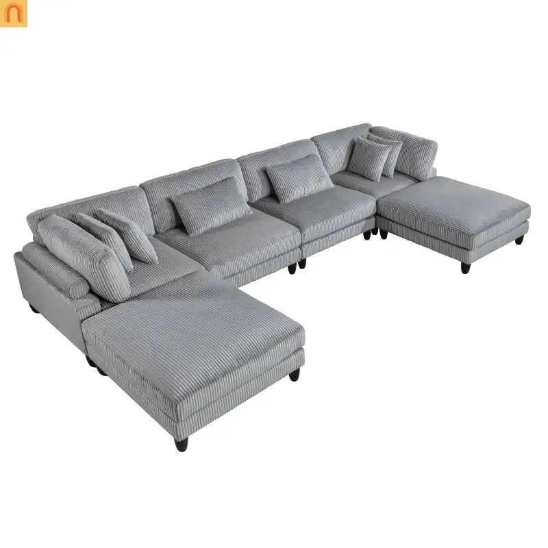 Sectional Sofa Modular Corduroy Gray 6-Seat 160in 2 Ottomans
