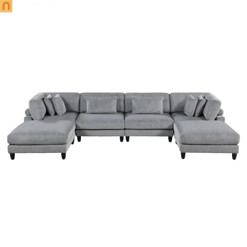 Sectional Sofa Modular Corduroy Gray 6-Seat 160in 2 Ottomans
