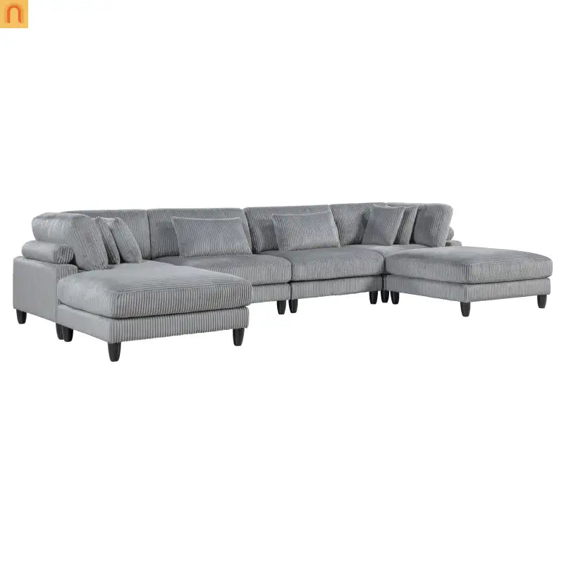 Sectional Sofa Modular Corduroy Gray 6-Seat 160in 2 Ottomans
