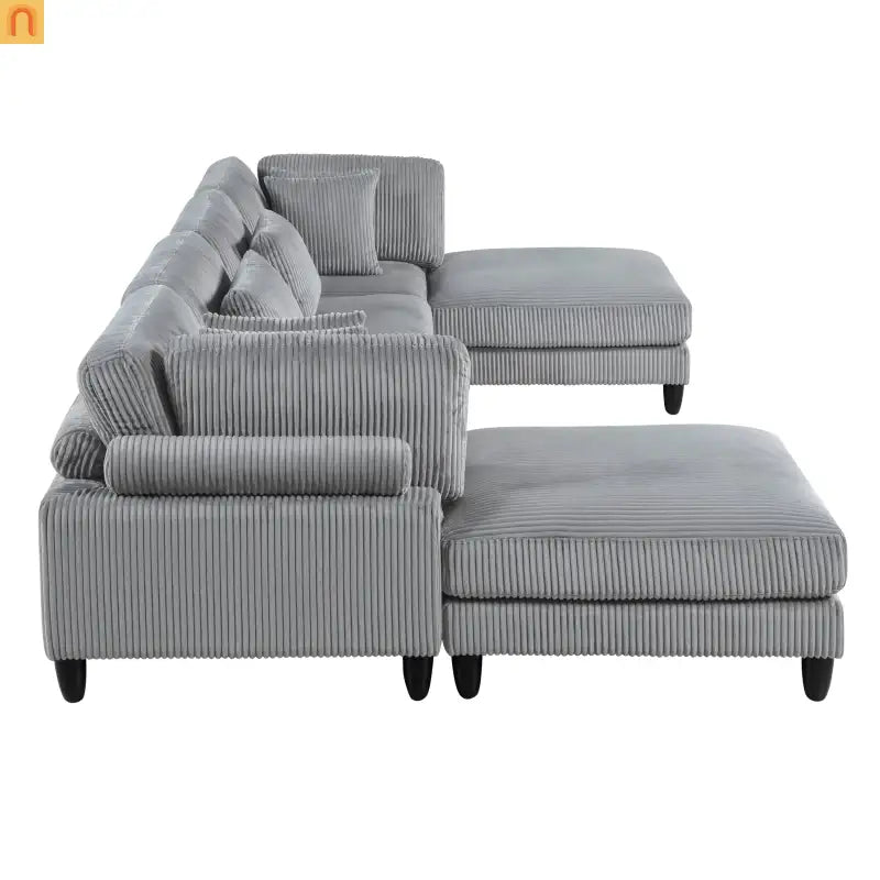 Sectional Sofa Modular Corduroy Gray 6-Seat 160in 2 Ottomans
