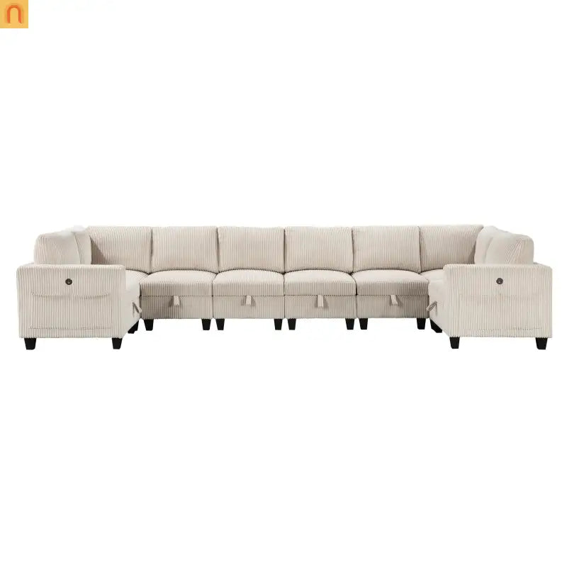 Sectional Sofa Modular Corduroy Beige 8-Seat Storage USB 163in