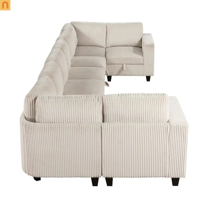 Sectional Sofa Modular Corduroy Beige 8-Seat Storage USB 163in