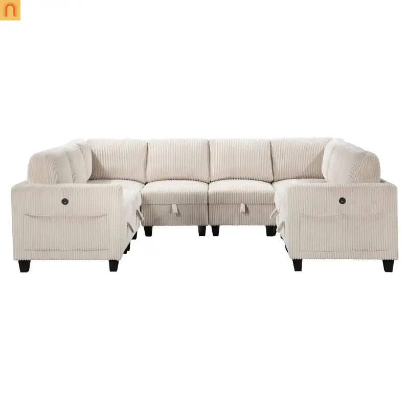 Sectional Sofa Modular Corduroy Beige 8-Seat Storage USB 163in