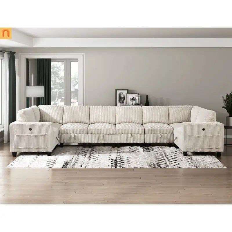 Sectional Sofa Modular Corduroy Beige 8-Seat Storage USB 163in