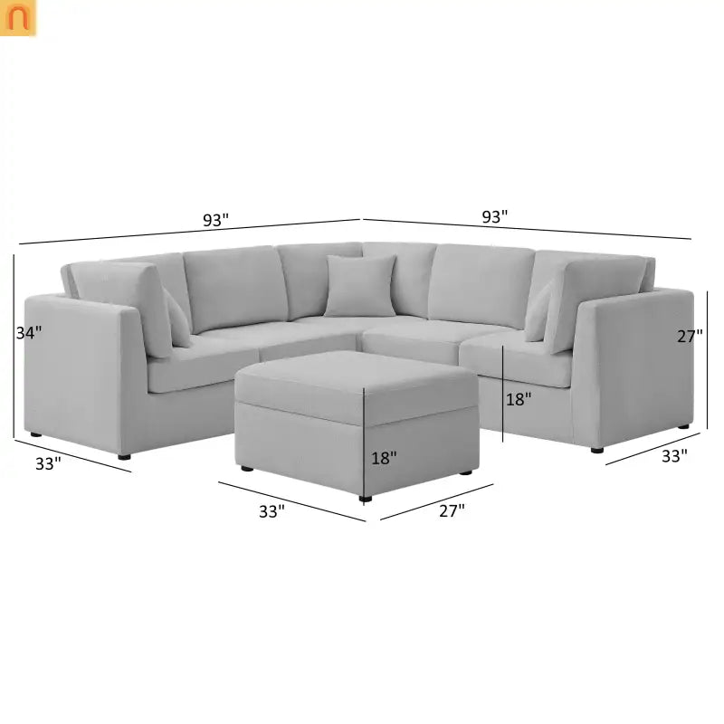 Sectional Sofa Modular Performance Fabric Gray 6-Seat 93in