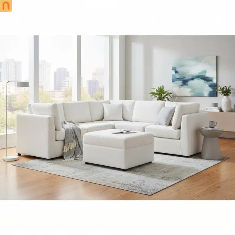 Sectional Sofa Modular Performance Fabric Ivory 6-Seat 93in