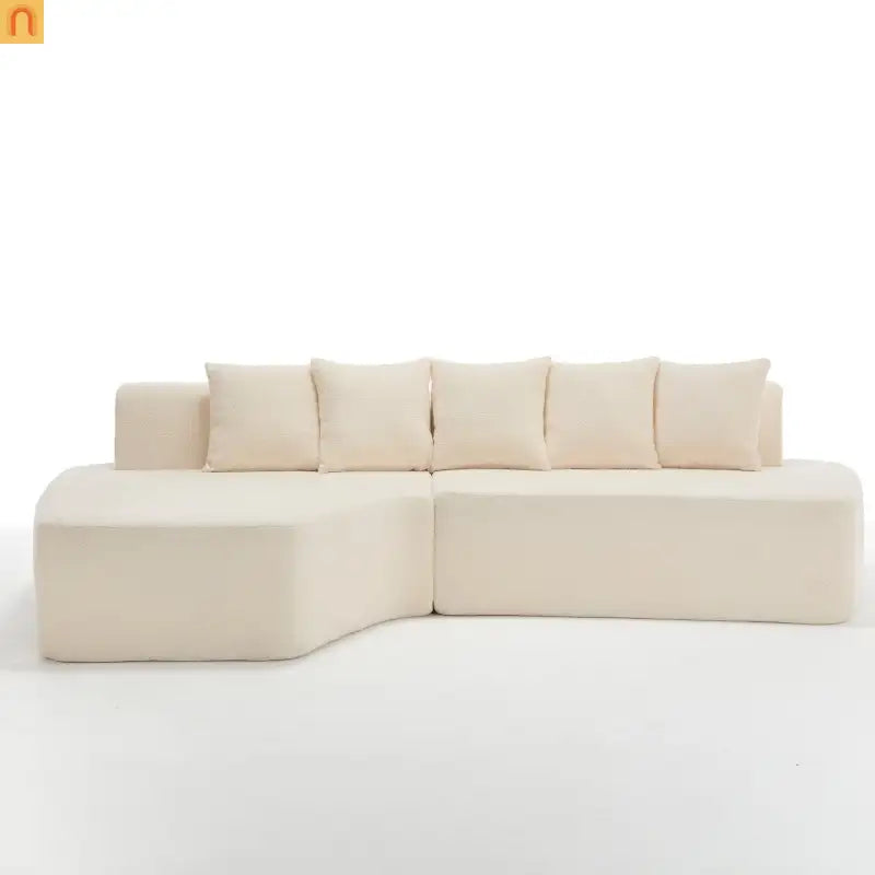 Sectional Sofa Modular Corduroy Ivory 3-Seat 5 Pillows 110in No Assembly