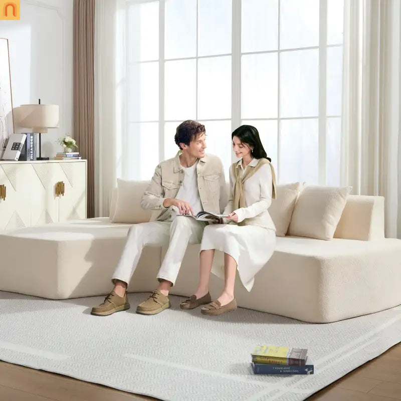 Sectional Sofa Modular Corduroy Ivory 3-Seat 5 Pillows 110in No Assembly