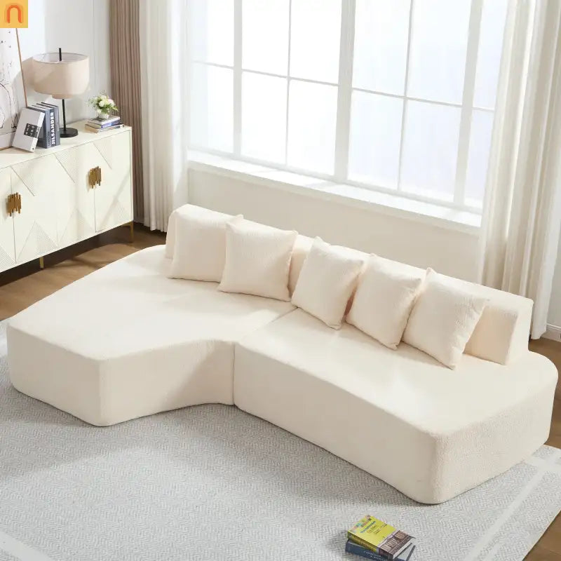 Sectional Sofa Modular Corduroy Ivory 3-Seat 5 Pillows 110in No Assembly