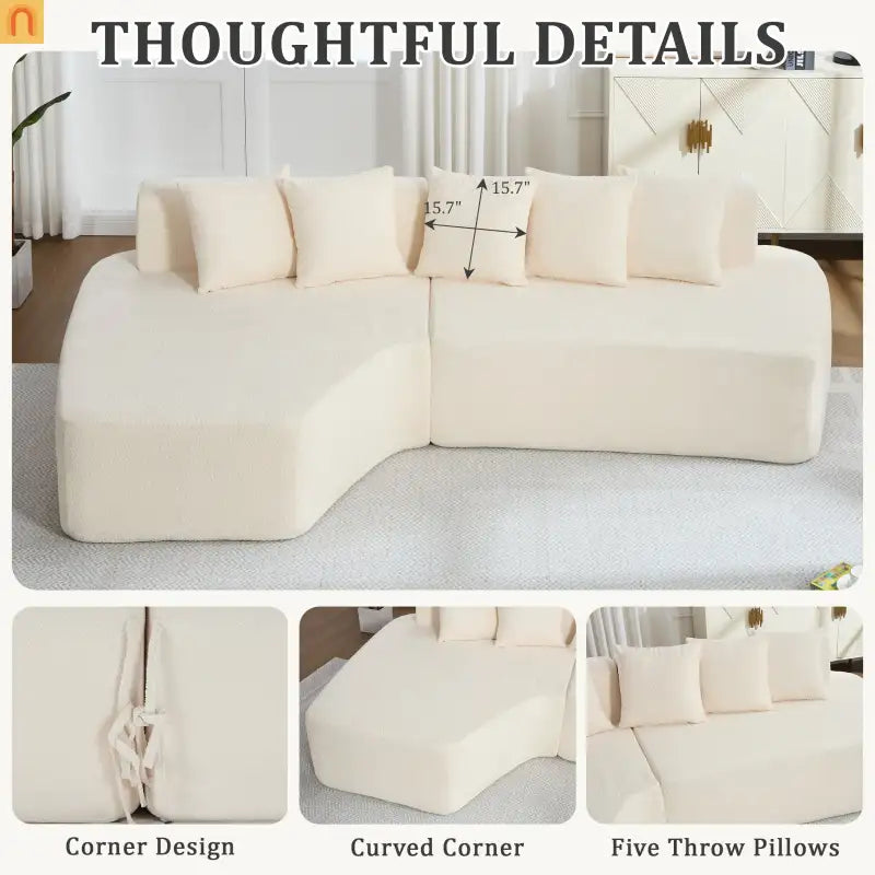 Sectional Sofa Modular Corduroy Ivory 3-Seat 5 Pillows 110in No Assembly