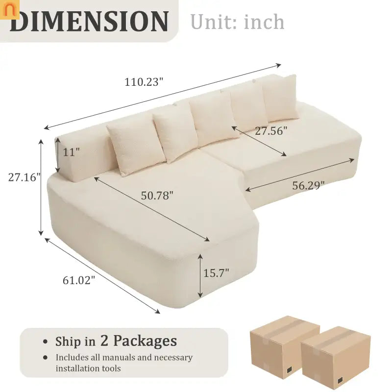 Sectional Sofa Modular Corduroy Ivory 3-Seat 5 Pillows 110in No Assembly