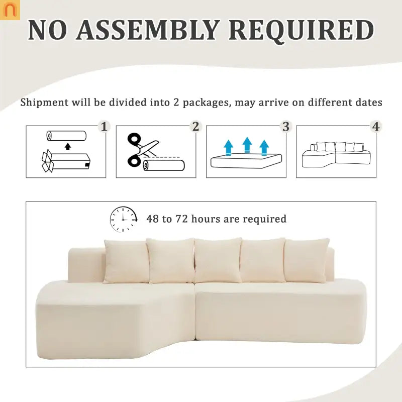 Sectional Sofa Modular Corduroy Ivory 3-Seat 5 Pillows 110in No Assembly