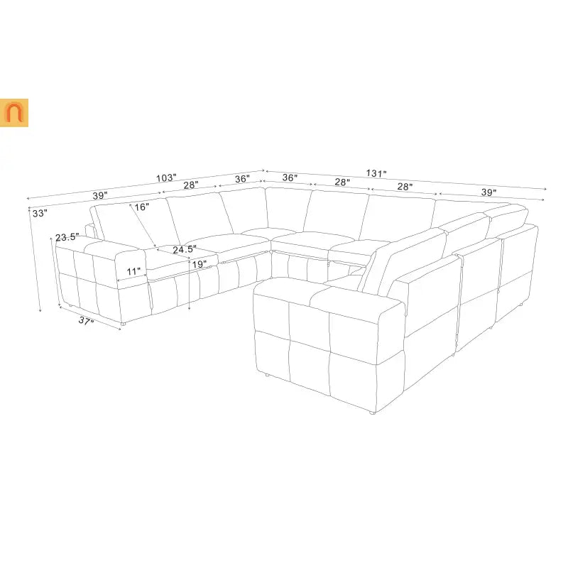Sectional Modular Leather Match Ginger Square Arm 8-Seat 131in