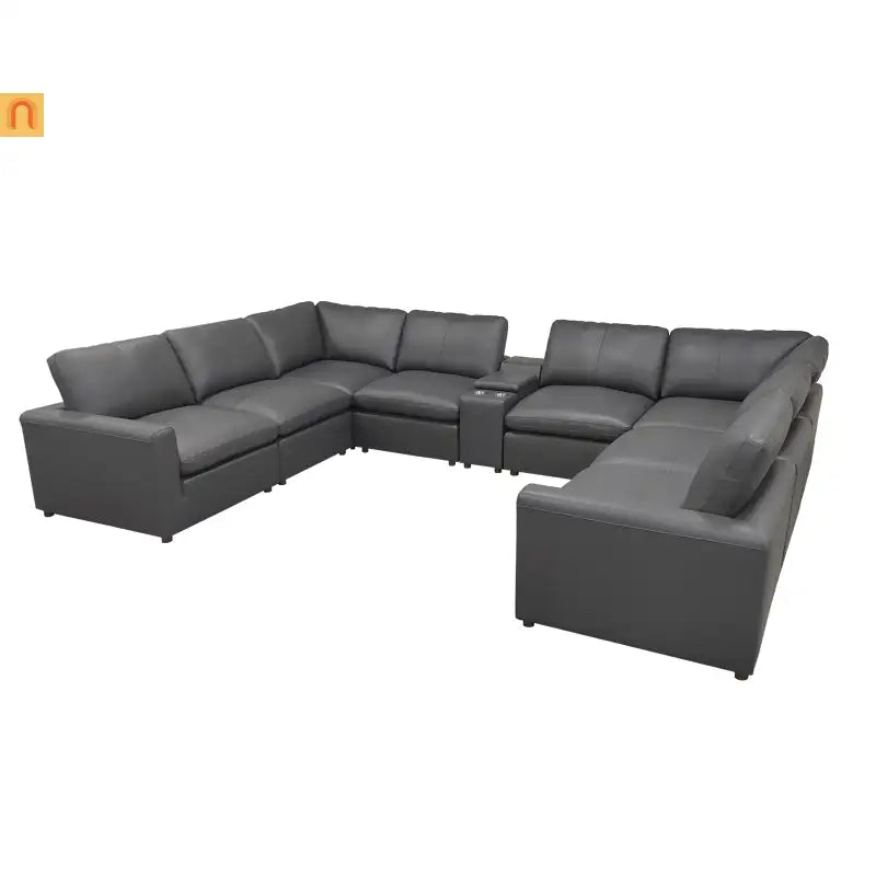 Sectional U-Shape Leather Match Blue Gray 8-Seat 164in