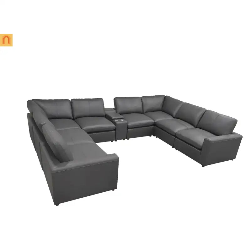 Sectional U-Shape Leather Match Blue Gray 8-Seat 164in