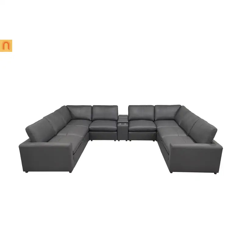 Sectional U-Shape Leather Match Blue Gray 8-Seat 164in