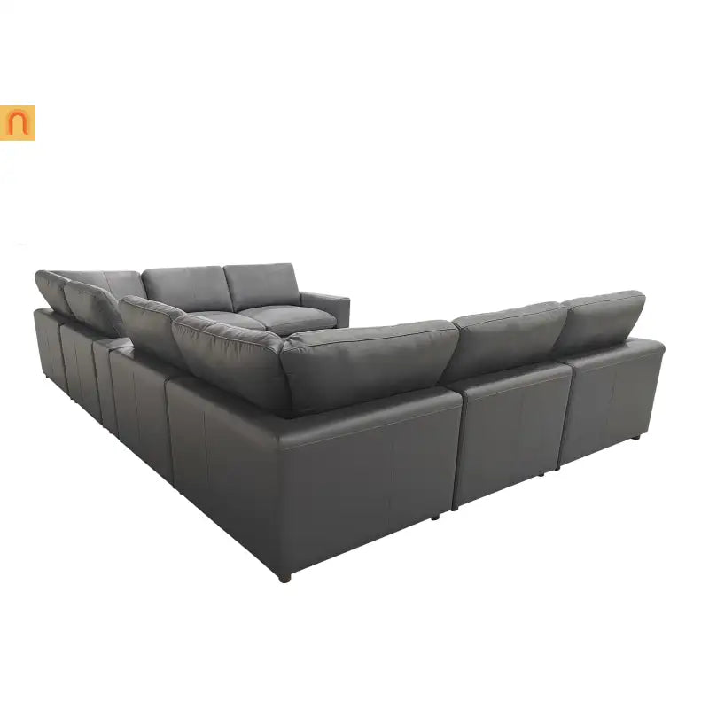 Sectional U-Shape Leather Match Blue Gray 8-Seat 164in