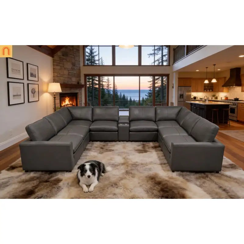 Sectional U-Shape Leather Match Blue Gray 8-Seat 164in