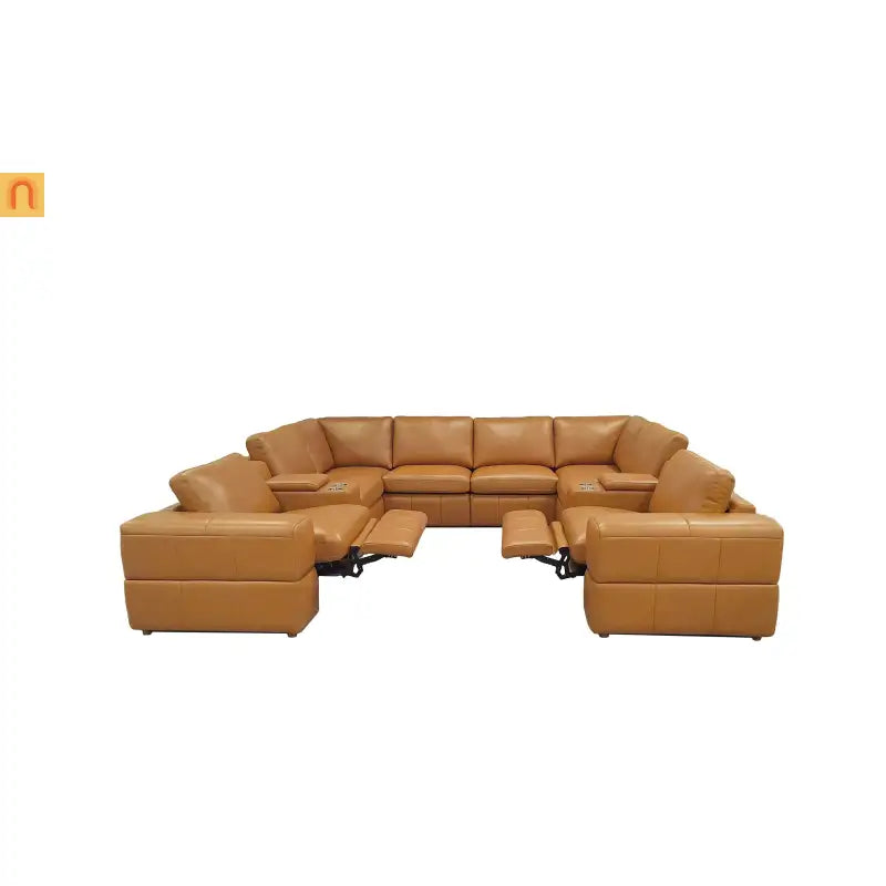 Sectional Sofa L-Shape Leather Match Ginger 2 Recliners 128in