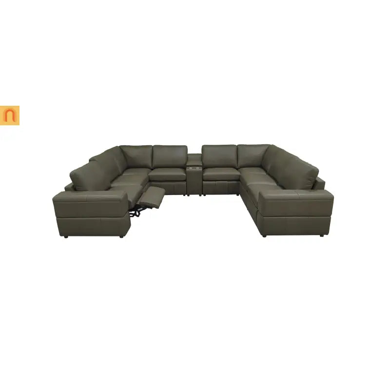 Sectional Modular Leather Match Olive Green 8-Seat 2 Recliners 140in