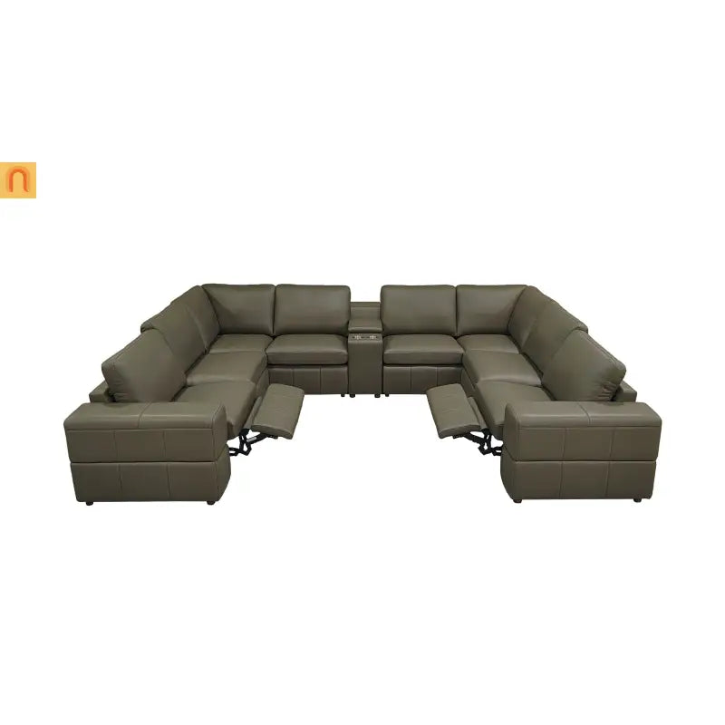 Sectional Modular Leather Match Olive Green 8-Seat 2 Recliners 140in